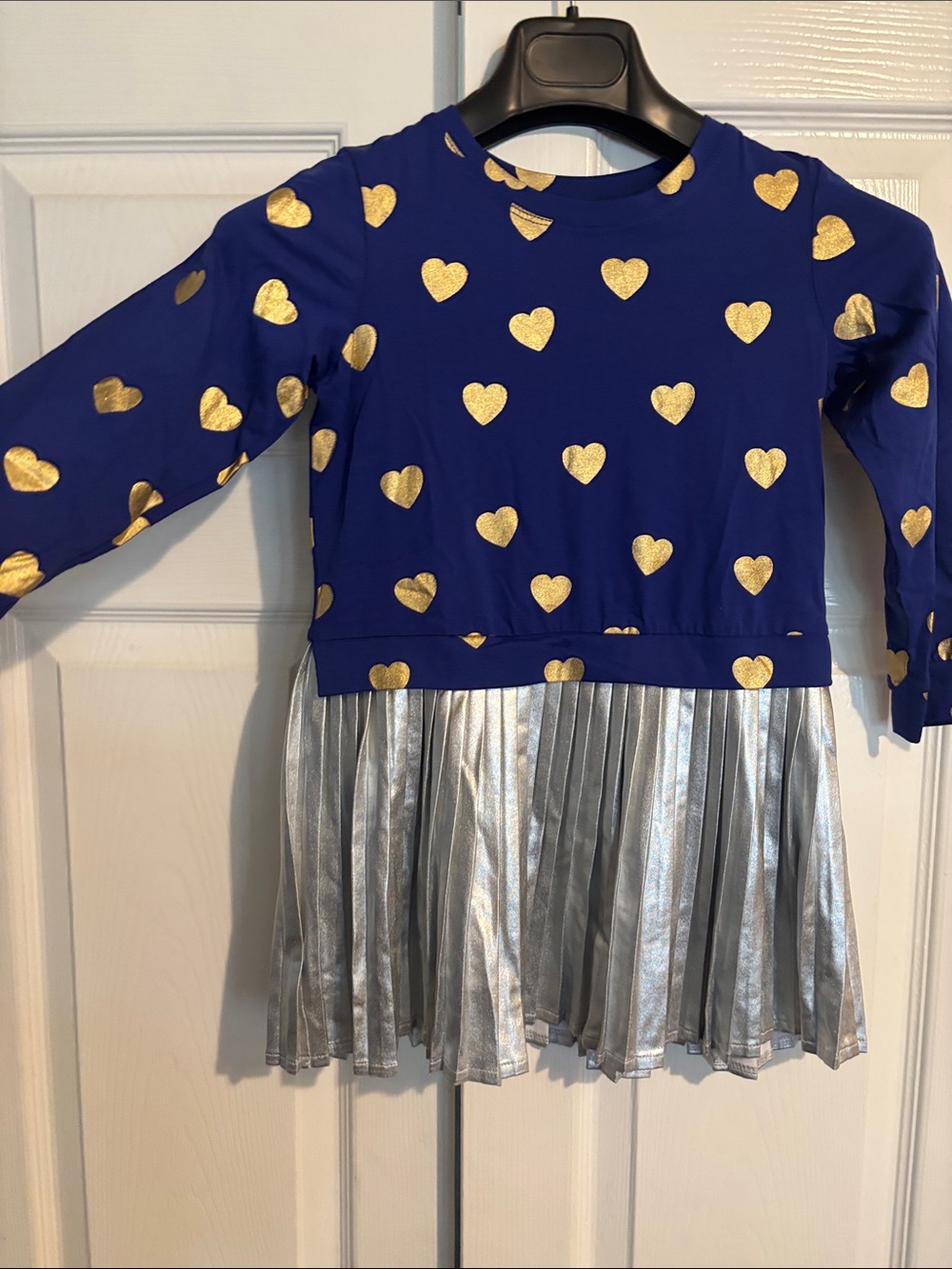 Girls Royal Blue Long-Sleeve Dress with Gold Hearts and Silver Pleated Skirt